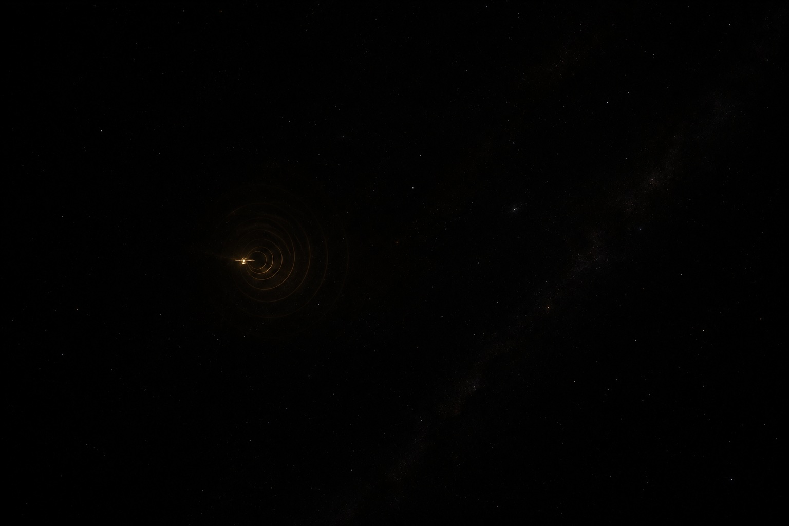 A distant spacecraft emitting a faint signal across the dark of space